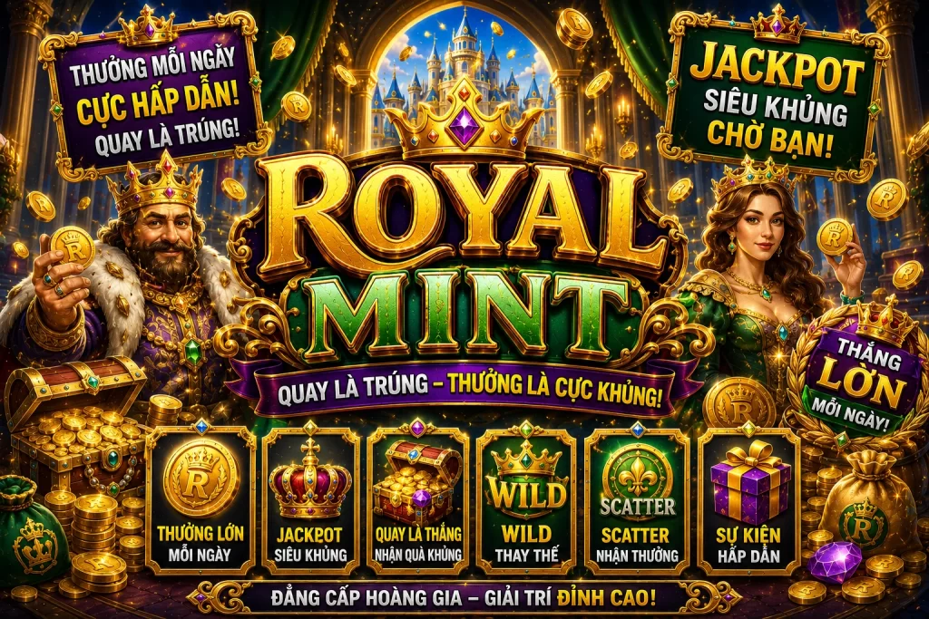 Không gian xưởng đúc tiền hoàng gia lộng lẫy với tông màu vàng kim chủ đạo trong trò chơi ABC888 ROYAL MINT.