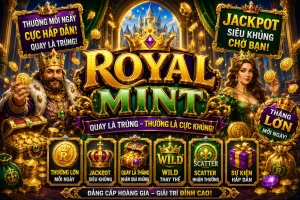 Không gian xưởng đúc tiền hoàng gia lộng lẫy với tông màu vàng kim chủ đạo trong trò chơi ABC888 ROYAL MINT.